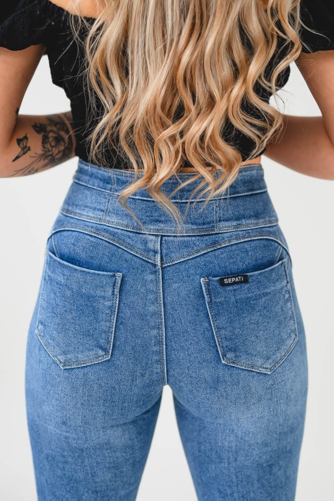 X429 Jeansowe spodnie dzwony flare SEPATI – elastyczne, wyszczuplające, szeroka nogawka, push-up, wysoki stan, zamek z boku (S M L XL)