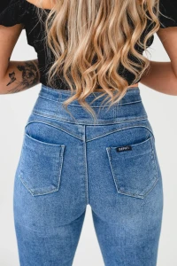 X429 Jeansowe spodnie dzwony flare SEPATI – elastyczne, wyszczuplające, szeroka nogawka, push-up, wysoki stan, zamek z boku (S M L XL)