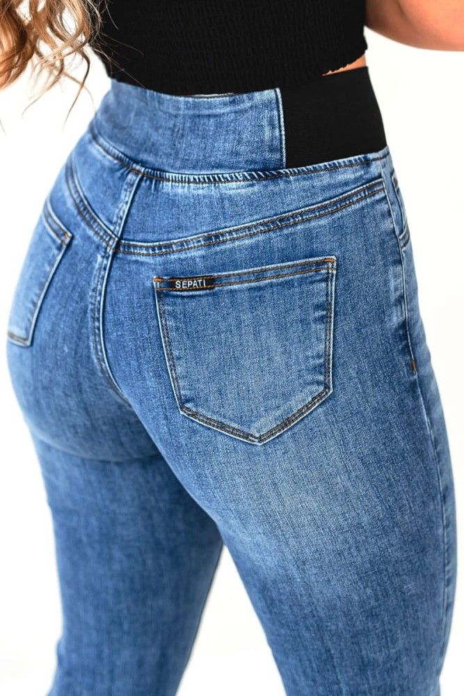 X432 Niebieskie jeansy damskie dzwony SEPATI – spodnie flare z wysokim stanem i szeroką gumą modelującą talię, wyszczuplające brzuch, rozmiary S–XL