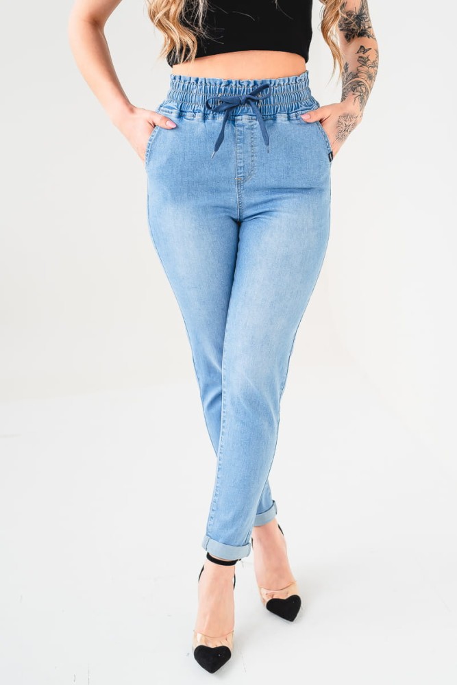 X408 Jeansowe damskie joggery SEPATI jasne spodnie z elastyczną gumą w pasie xs s m l xl