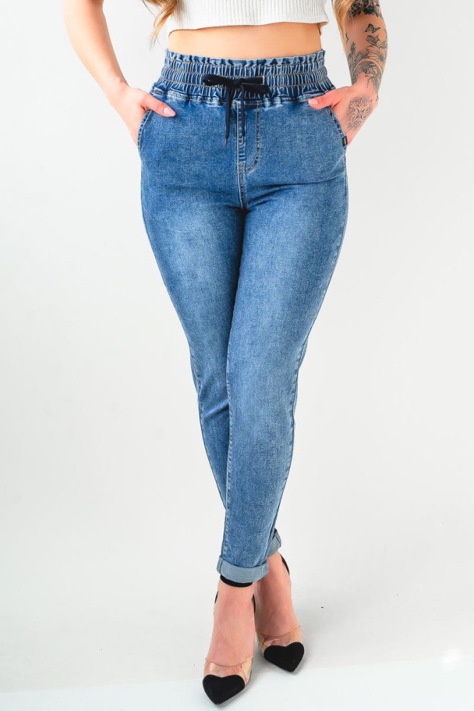 X407 Jeansowe spodnie damskie joggery SEPATI – dekatyzowane z wysokim stanem i gumą w pasie (XS, S, M, L, XL)