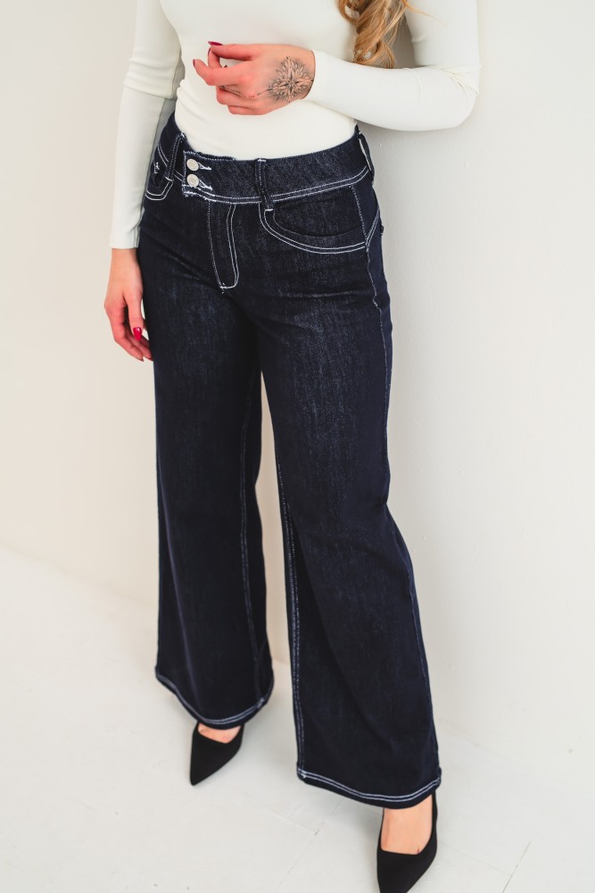 X312 Granatowe damskie jeansy WIDE LEG z wysokim stanem, modelujące pośladki spodnie push up , rozmiary XS–XL