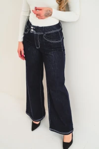 X312 Granatowe damskie jeansy WIDE LEG z wysokim stanem, modelujące pośladki spodnie push up , rozmiary XS–XL