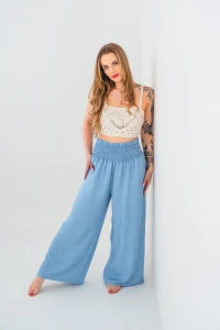 X260 Szerokie materiałowe spodnie damskie palazzo - luźne przewiewne spodnie z szerokim elastycznym pasem UNI