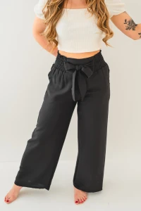 X238 Czarne wiskozowe spodnie damskie wide leg - przewiewne spodnie z szerokimi nogawkami i wiązaniem w pasie S/M-L/XL