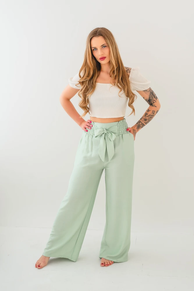 X236 Miętowe viskozowe spodnie damskie wide leg - przewiewne spodnie z szerokimi nogawkami i wiązaniem w pasie S/M-L/XL