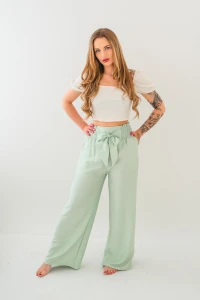 X236 Miętowe wiskozowe spodnie damskie wide leg - przewiewne spodnie z szerokimi nogawkami i wiązaniem w pasie S/M-L/XL