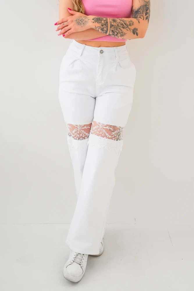 X246 Białe spodnie damskie wide leg z wstawkami z koronki - luźne jeansy z wysokim stanem xs-xl