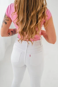 X248 Białe jeansowe spodnie damskie - klasyczne gładkie skinny z wysokim stanem xs-xl