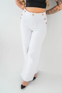 X233 Białe spodnie damskie wide leg z szeroką nogawką - jeansowe dzwony z wysokim stanem złote guziki  xs s m l xl
