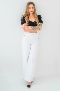 X233 Białe spodnie damskie wide leg z szeroką nogawką - jeansowe dzwony z wysokim stanem złote guziki  xs s m l xl