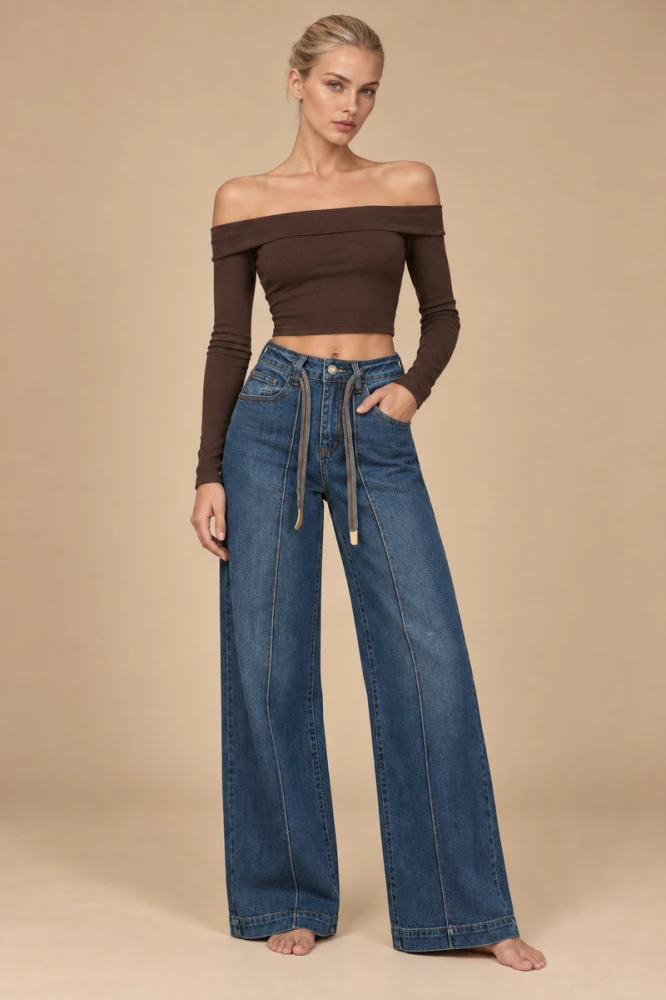 X227 Damskie jeansowe spodnie wide leg z wysokim stanem - szerokie granatowe spodnie z podłużnym szwem wydłużającym nogi XS - XL 