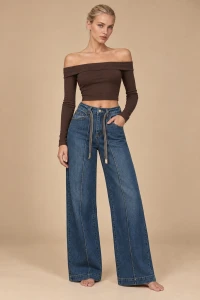 X227 Damskie jeansowe spodnie wide leg z wysokim stanem - szerokie granatowe spodnie z podłużnym szwem wydłużającym nogi XS - XL 