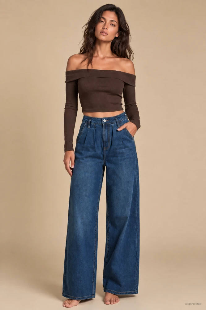 X229 Granatowe damskie jeansy WIDE LEG z wysokim stanem, szerokie spodnie z wyszczuplającymi zaszewkami xs s m l xl