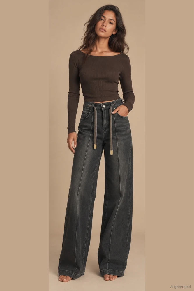 X226 Grafitowe spodnie damskie jeansowe wide leg z kantem -podkreślające talię jeansy z wysokim stanem i szerokimi nogawkami XS-XL 