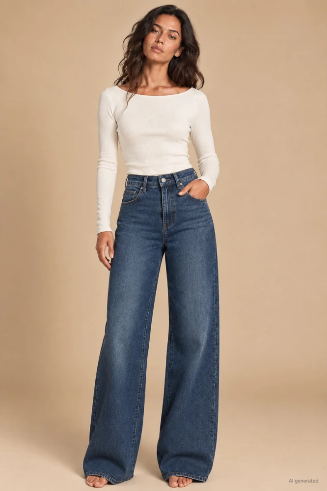 X221 Jeansy damskie wide leg z wysokim stanem i kompresyjnym pasem modelującym talię – ciemny jeans