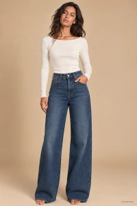 X221 Jeansy damskie wide leg z wysokim stanem i kompresyjnym pasem modelującym talię – ciemny jeans