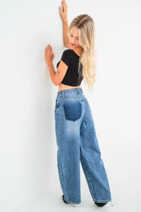 X224 Damskie jeansowe barrel z cyrkoniami z tyłu, szerokie luźne spodnie z wysoki stanem XS-XL