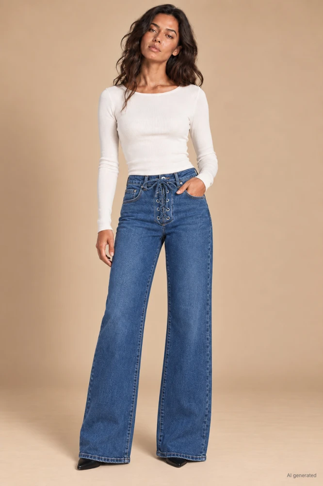 X219 Klasyczne jeansy damskie wide leg z wysokim stanem i wiązaniem w pasie – ciemny jeans XS-XL