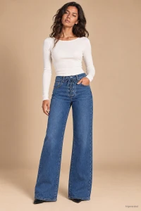 X219 Klasyczne jeansy damskie wide leg z wysokim stanem i wiązaniem w pasie – ciemny jeans XS-XL