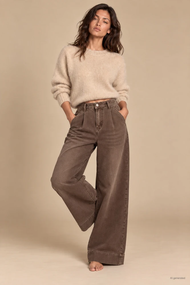 X218 Czekoladowe damskie jeansy WIDE LEG z wysokim stanem, szerokie spodnie z wyszczuplającymi zaszewkami xs s m l xl