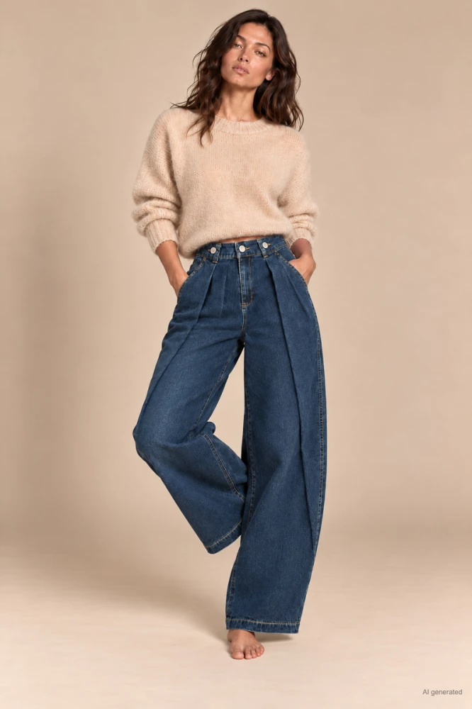 X207 Damskie jeansy baggy granatowe spodnie z wysokim stanem i zakładkami w pasie xs s m l xl