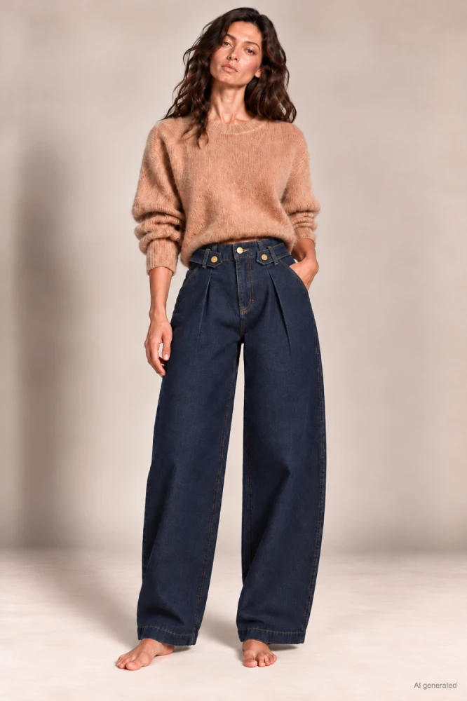 X206 Damskie jeansy wide leg granatowe spodnie z wysokim stanem i wyszczuplającymi zakładkami w pasie xs s m l xl
