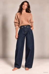 X206 Damskie jeansy wide leg granatowe spodnie z wysokim stanem i wyszczuplającymi zakładkami w pasie xs s m l xl