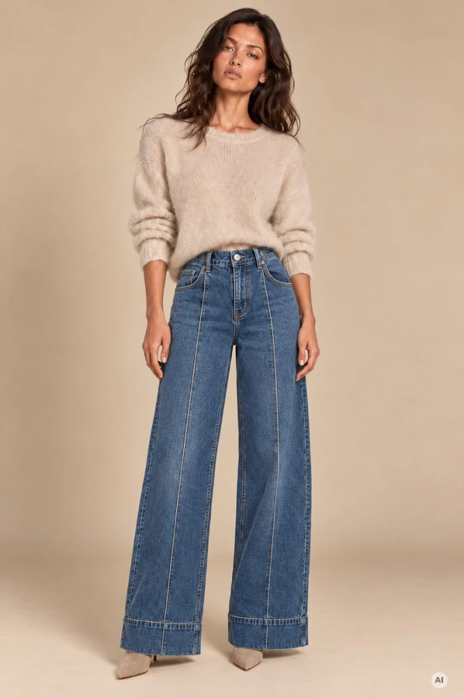 X205 Spodnie damskie wide leg niebieskie jeansy z wysokim stanem i podłużnym szwem wydłużającym nogi xs s m l xl