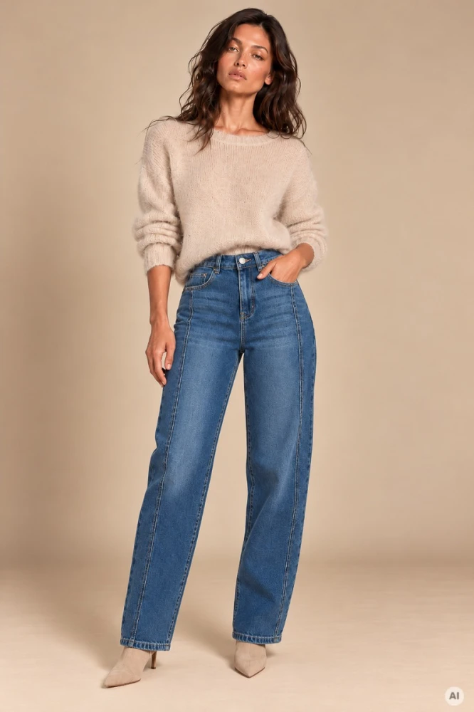 X202 Damskie jeansy mom fit granatowe spodnie z wysokim stanem i podłużnym lampasem xs s m l xl