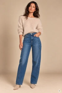 X202 Damskie jeansy mom fit granatowe spodnie z wysokim stanem i podłużnym lampasem xs s m l xl
