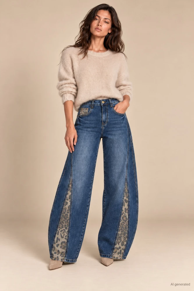 X196 Spodnie damskie mom fit niebieskie jeansy z wysokim stanem i wstawkami w panterkę xs s m l xl