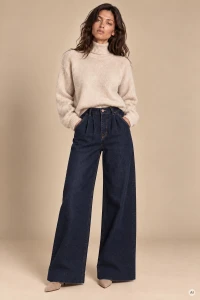 X198 Damskie jeansy wide leg granatowe spodnie z wysokim stanem i wyszczuplającymi zaszewkami w pasie xs s m l xl