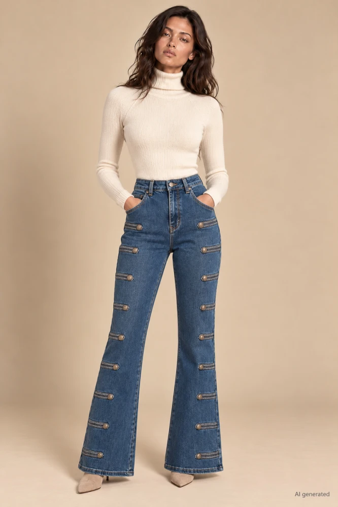 X204 Spodnie damskie flare niebieskie jeansy z wysokim stanem i ozdobnymi guzikami xs s m l xl