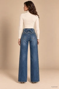 X197 Damskie jeansy wide leg niebieskie spodnie z cyrkoniami i wysokim stanem z ozdobną kokardą xs s m l xl
