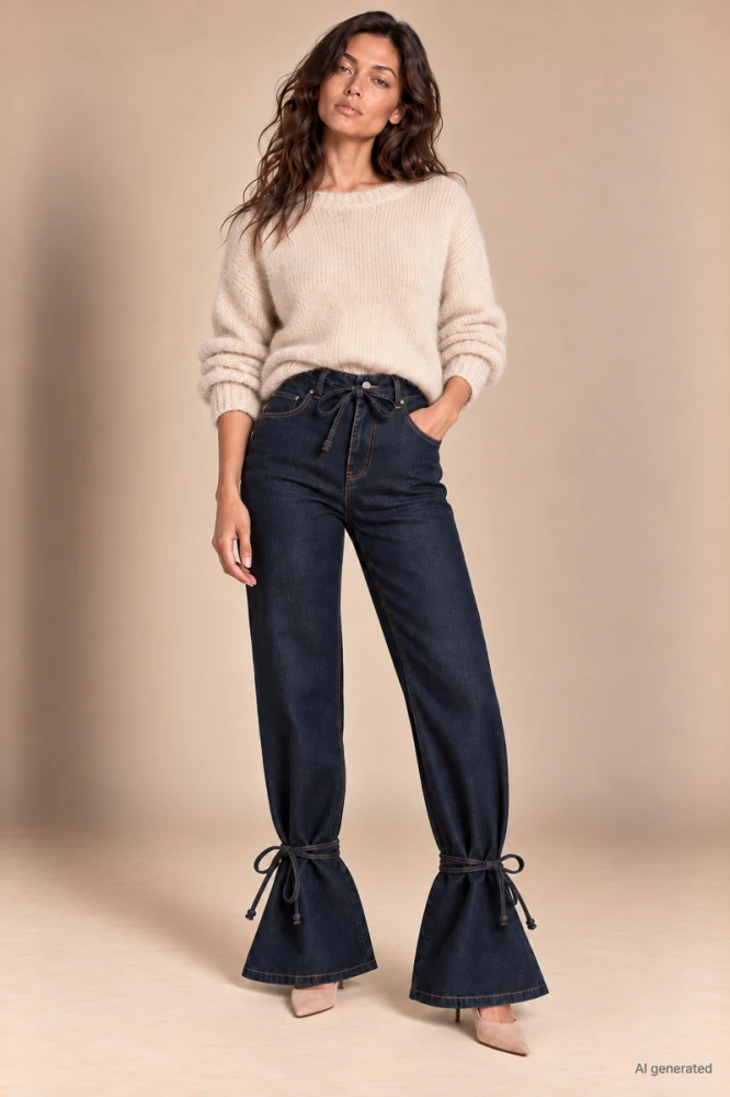 X175 Damskie jeansy wide leg granatowe spodnie z wiązaniem na nogawkach i wysokim stanem xs s m l xl