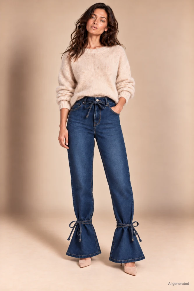 X173 Damskie jeansy wide leg ciemno niebieskie spodnie z wiązaniem na nogawkach i wysokim stanem xs s m l xl