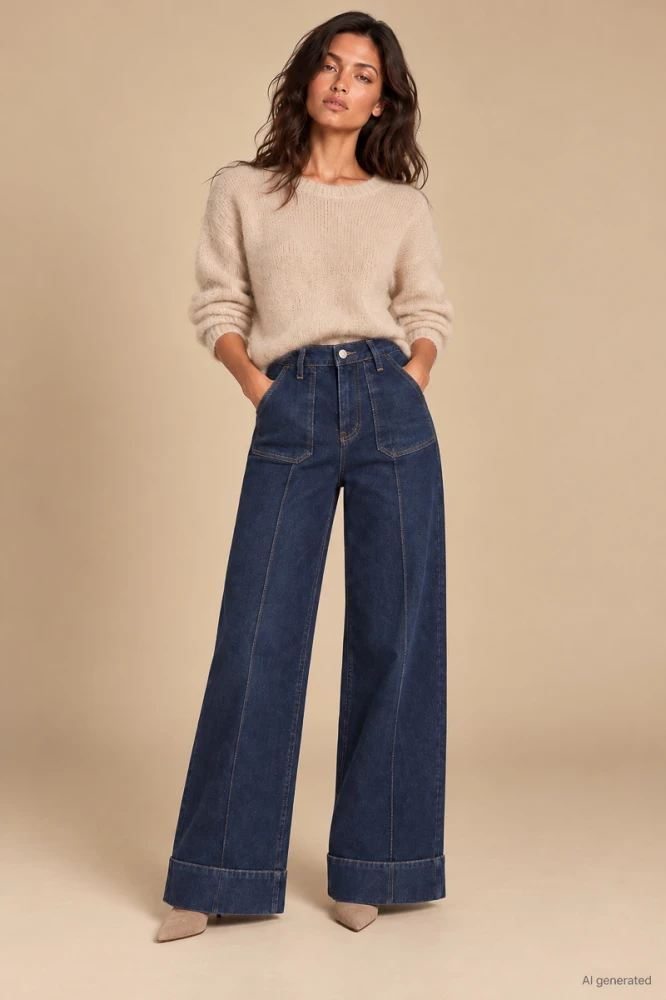 X192 Damskie jeansy wide leg granatowe spodnie push up z wysokim stanem  i wydłużającym nogi kantem xs s m l xl