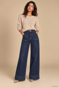 X192 Damskie jeansy wide leg granatowe spodnie push up z wysokim stanem  i wydłużającym nogi kantem xs s m l xl