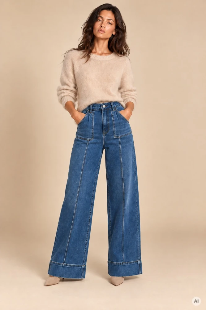 X191 Damskie jeansy wide leg ciemno niebieskie spodnie push up z wysokim stanem  i wydłużającym nogi kantem xs s m l xl