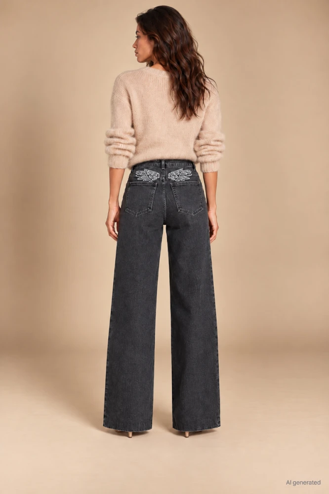 X187 Spodnie damskie wide leg czarne jeansy z haftem skrzydła wysoki stan xs s m l xl