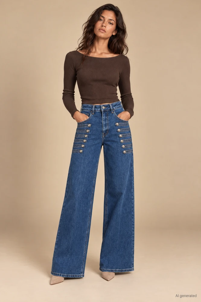 X186 Spodnie damskie wide leg niebieskie jeansy z wysokim stanem i ozdobnymi guzikami xs s m l xl