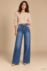 X195 Damskie jeansy wide leg granatowe spodnie z wysokim stanem i ozdobnie wywiniętym pasem xs s m l xl