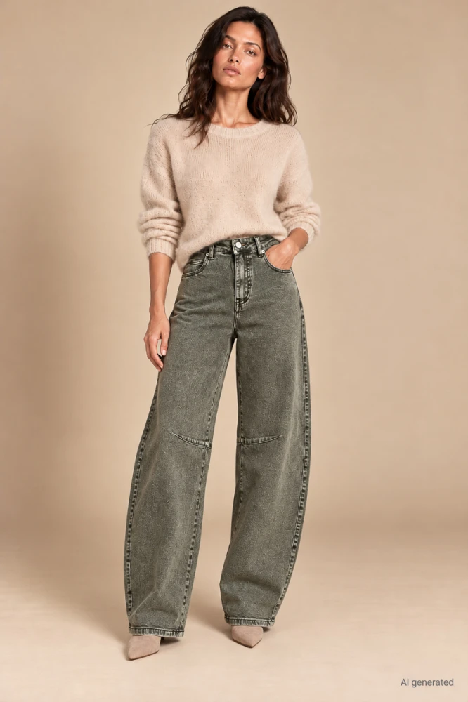 X185 Damskie spodnie balloon khaki zielone dekatyzowane jeansy z wysokim stanem i luźną nogawką xs s m l xl