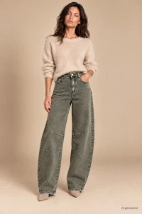 X185 Damskie spodnie balloon khaki zielone dekatyzowane jeansy z wysokim stanem i luźną nogawką xs s m l xl