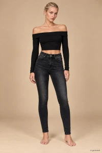 X203 Jeansy damskie czarne skinny spodnie z wysokim stanem i haftem na kieszeni xs s m l xl