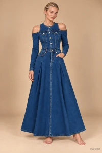 X182 Jeansowa sukienka damska ciemno-niebieska z długim rękawem odkryte ramiona maxi z kieszeniami jak jeansy damskie s m l xl xxl