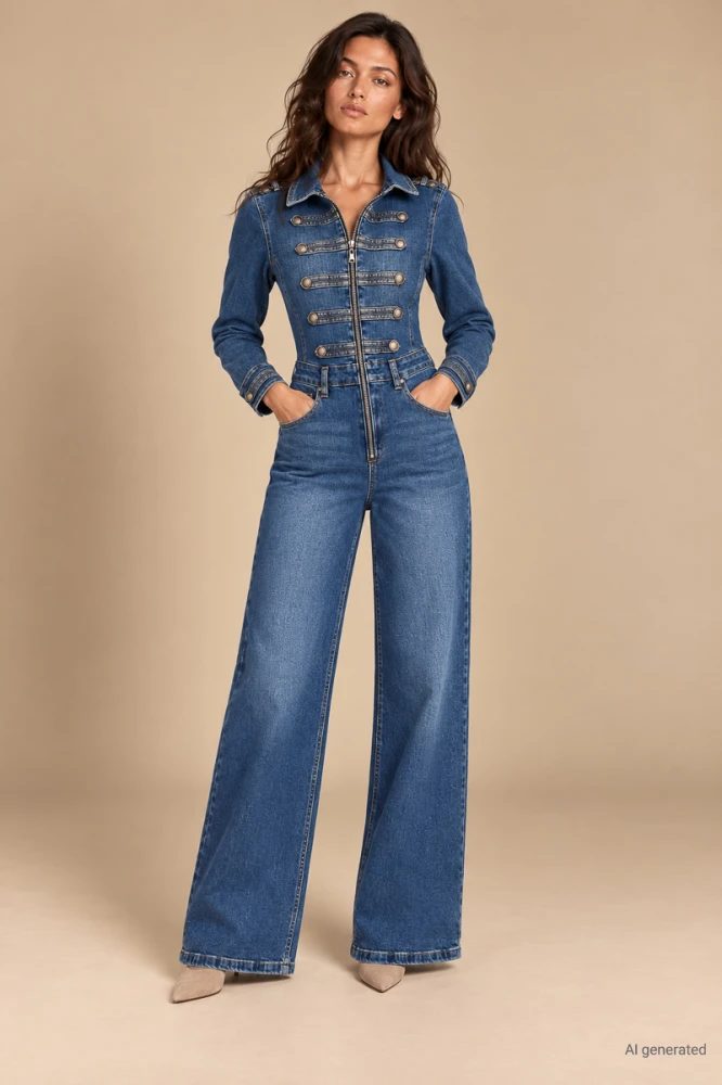 X183 Jeansowy kombinezon damski wide leg niebieski z długim zamkiem i ozdobnymi guzikami s m l xl xxl