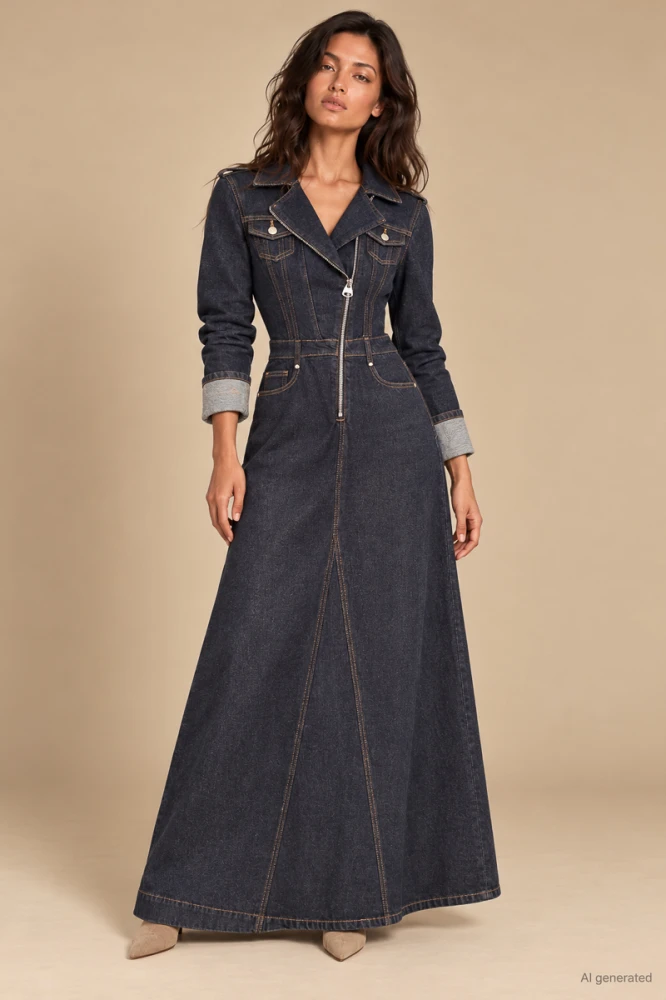 X184 Jeansowa sukienka damska maxi taliowana granatowa z kieszeniami i kołnierzykiem s m l xl xxl