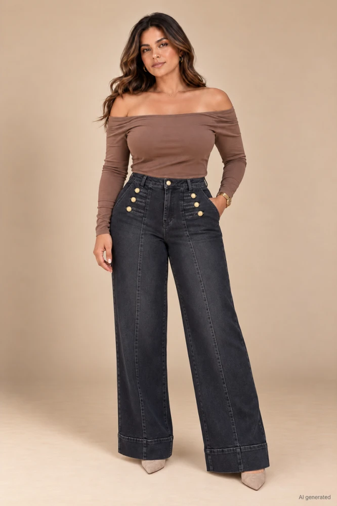 X188 Spodnie damskie plus size czarne jeansy wide leg z wysokim stanem i kantem wydłużającym nogi l xl 2xl 3xl 4xl